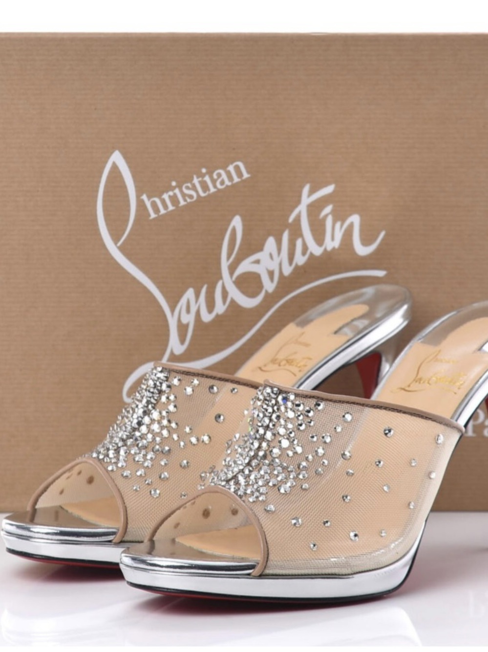 Christian Louboutin Nude Mesh Crystal Mules with Silver Trim